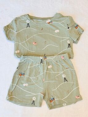 Brave Little Ones Two-Piece Shorts Pajama Set in Green with Farm Print - 2T